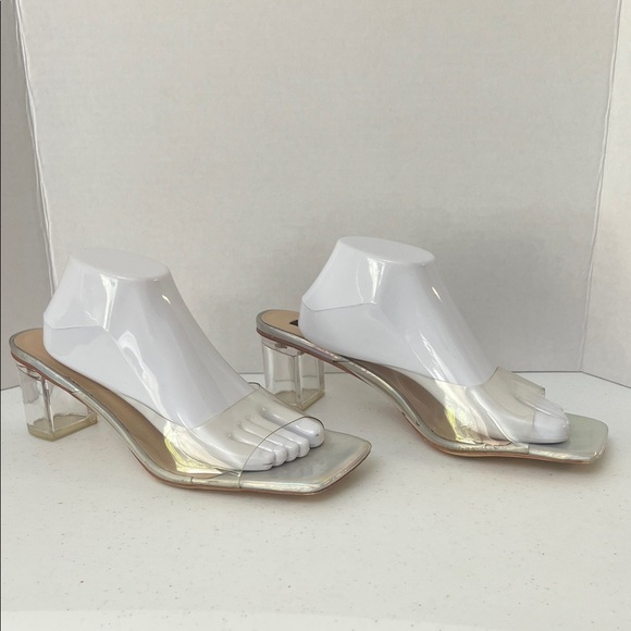 Only Maker Clear Holographic Square Toe Sandals Transparent Block Heels Size 44 - Picture 3 of 9